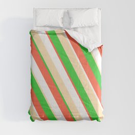 [ Thumbnail: Red, White, Beige, and Lime Green Colored Striped/Lined Pattern Comforter ]