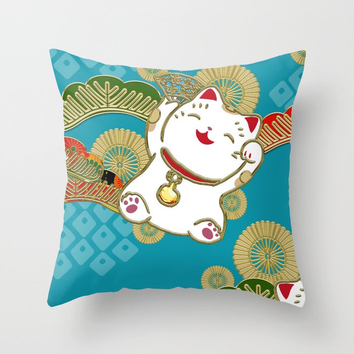 Japanese lucky cat pattern Throw Pillow