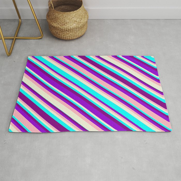 Dark Violet, Light Pink, Beige, Cyan, and Purple Colored Lines Pattern Rug
