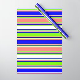 [ Thumbnail: Blue, Green, White, and Salmon Colored Lined Pattern Wrapping Paper ]