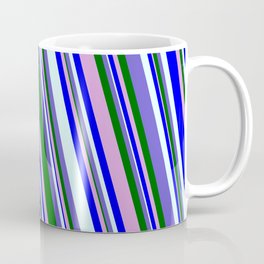 [ Thumbnail: Colorful Plum, Blue, Light Cyan, Slate Blue & Dark Green Colored Striped/Lined Pattern Coffee Mug ]