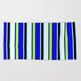 [ Thumbnail: Blue, Light Green, Light Cyan & Black Colored Striped/Lined Pattern Beach Towel ]
