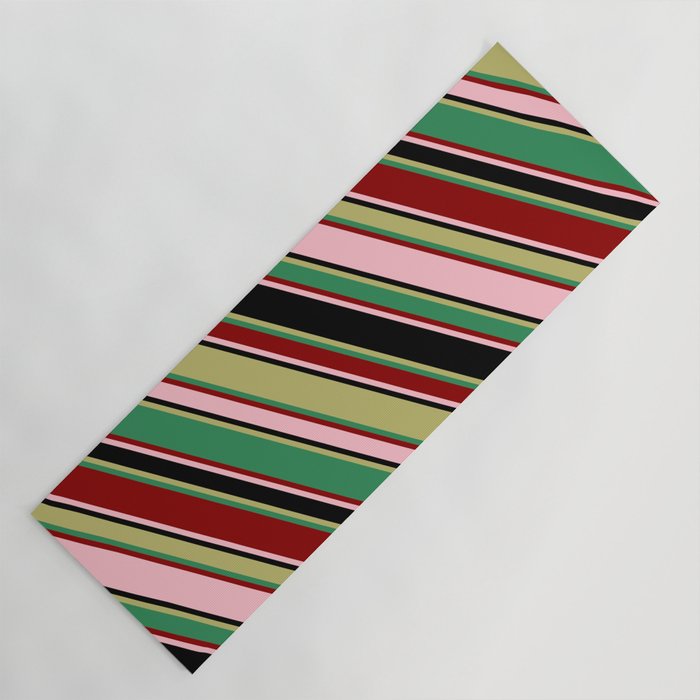 Colorful Pink, Black, Dark Khaki, Sea Green & Dark Red Colored Pattern of Stripes Yoga Mat