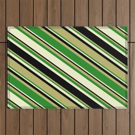 [ Thumbnail: Dark Khaki, Forest Green, Light Yellow, and Black Colored Pattern of Stripes Outdoor Rug ]