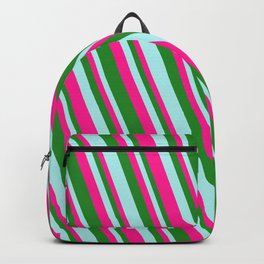 [ Thumbnail: Turquoise, Deep Pink, and Forest Green Colored Pattern of Stripes Backpack ]