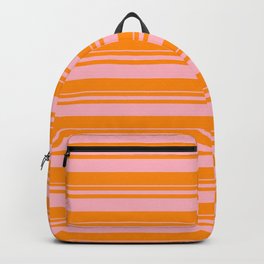 [ Thumbnail: Light Pink & Dark Orange Colored Stripes Pattern Backpack ]