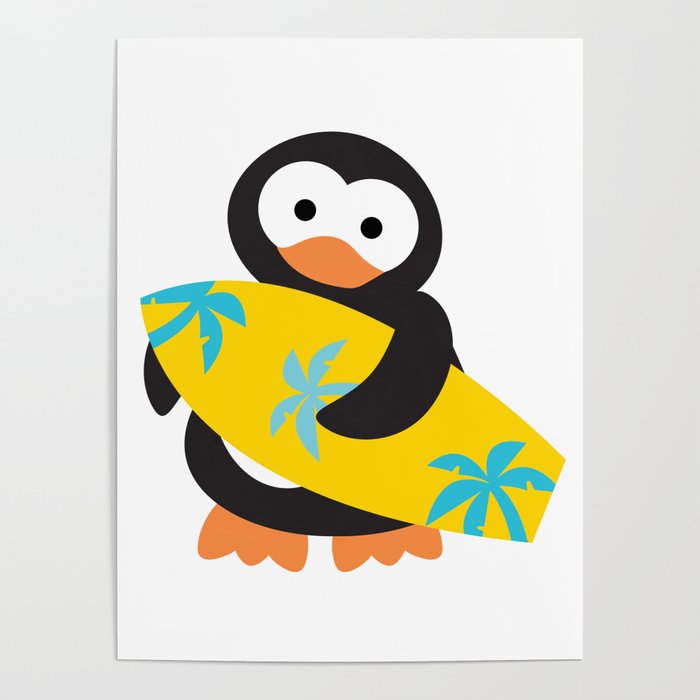Surfing penguin, yellow board Poster