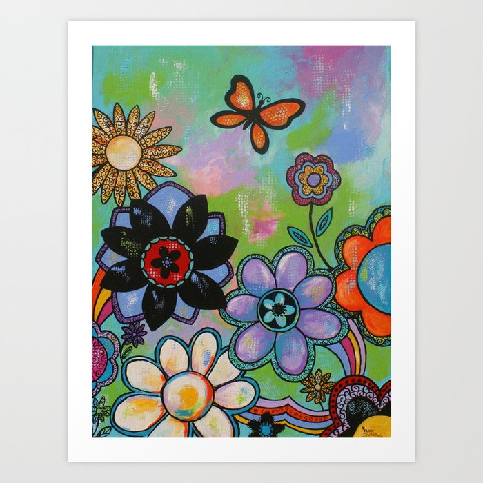 Flowers and Butterfly Beautiful Day Garden Art Print