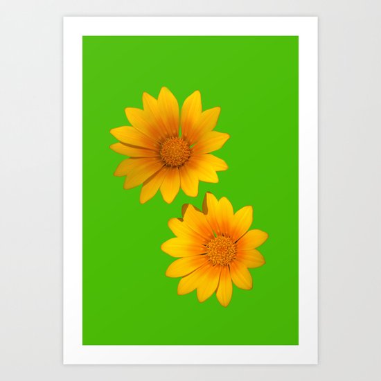 Two Yellow Flowers on Funky Green Background Art Print