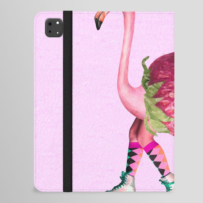 pink flamingo retro media art skate and strawberry iPad Folio Case