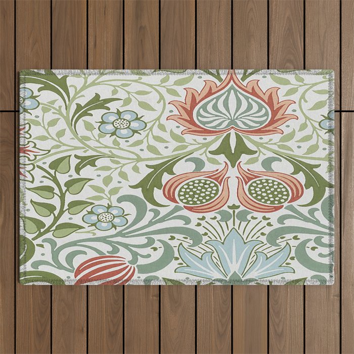William Morris Persian Pattern, Vintage Red and Green Floral Leaves,Victorian Wallpaper, Outdoor Rug