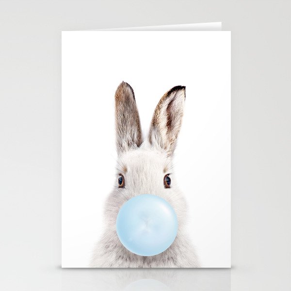 Baby Rabbit Blowing Blue Bubble Gum, Baby Boy, Kids, Nursery, Baby Animals Art Print by Synplus Stationery Cards
