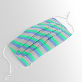 [ Thumbnail: Grey, Green & Cornflower Blue Colored Striped/Lined Pattern Face Mask ]