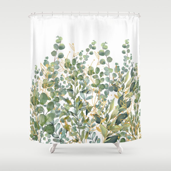 Gold And Green Botanical Eucalyptus Leaves Shower Curtain
