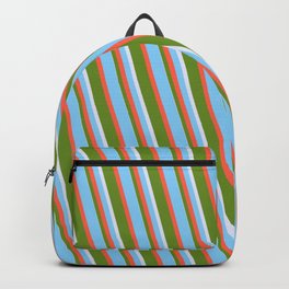 [ Thumbnail: Light Sky Blue, Red, Green & Lavender Colored Lined Pattern Backpack ]