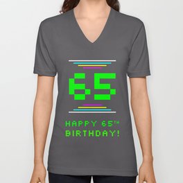 [ Thumbnail: 65th Birthday - Nerdy Geeky Pixelated 8-Bit Computing Graphics Inspired Look V Neck T Shirt V-Neck T-Shirt ]