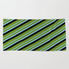 [ Thumbnail: Green, Light Sky Blue, and Black Colored Lined/Striped Pattern Beach Towel ]