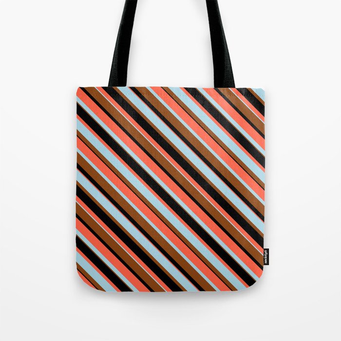 Red, Light Blue, Brown, and Black Colored Lines/Stripes Pattern Tote Bag