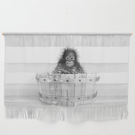 Monkey in a Wooden Bathtub, Baby Orangutan Black and White, Bathtub Animal Art Print By Synplus Wall Hanging