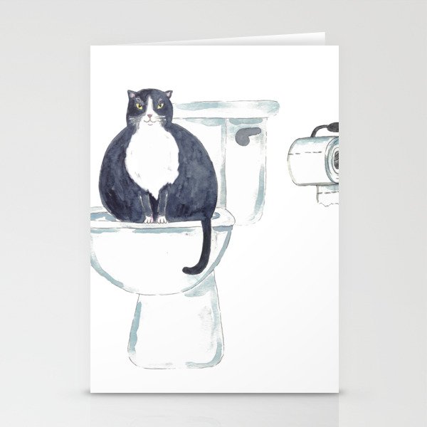Tuxedo cat toilet Painting Wall Poster Watercolor  Stationery Cards