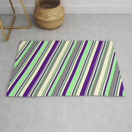 [ Thumbnail: Grey, Light Yellow, Indigo, and Green Colored Lines/Stripes Pattern Rug ]
