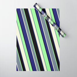 [ Thumbnail: Vibrant Slate Gray, Beige, Midnight Blue, Black, and Green Colored Stripes/Lines Pattern Wrapping Paper ]