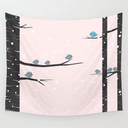 Cute birds on pink background Wall Tapestry