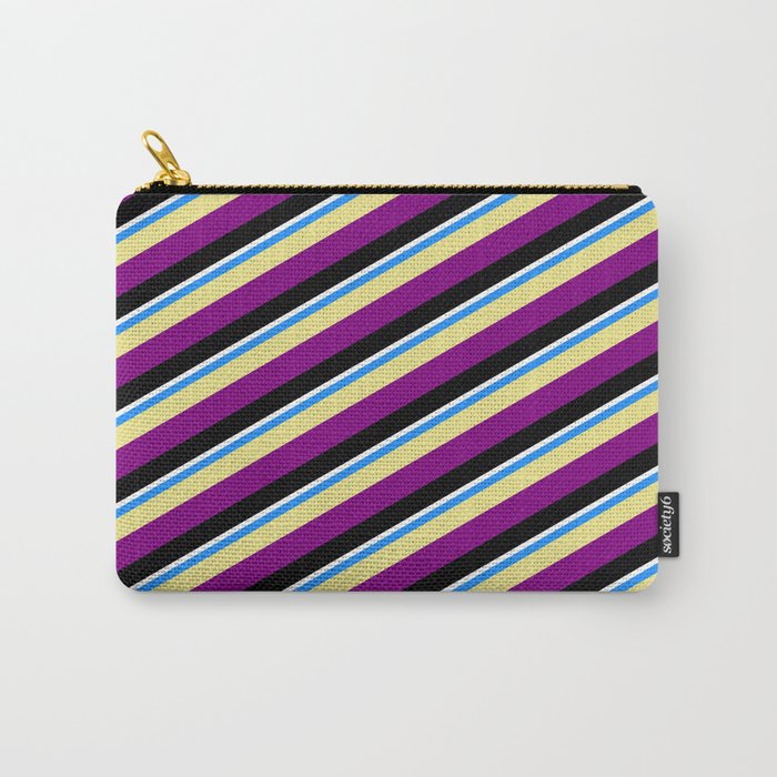 Vibrant Blue, Tan, Purple, Black, and White Colored Pattern of Stripes Carry-All Pouch