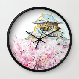 Japan Osaka castle and sakura watercolor painting  Wall Clock