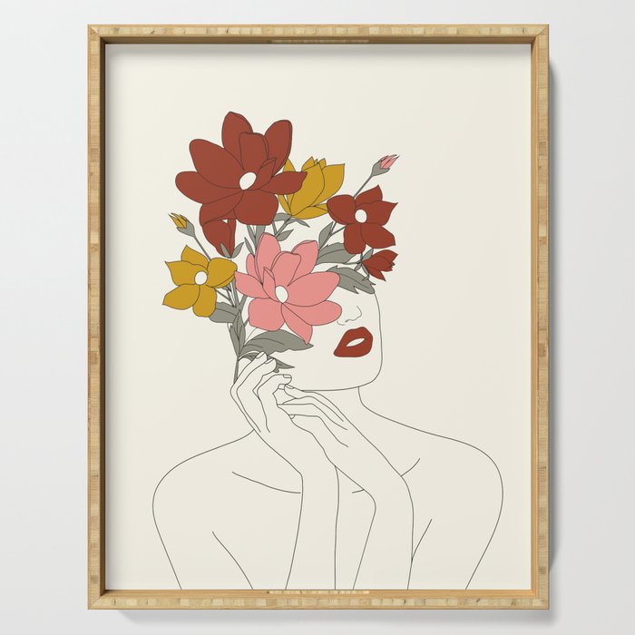 Colorful Thoughts Minimal Line Art Woman with Magnolia Serving Tray