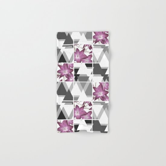 Pink lilies on grey triangles . Hand & Bath Towel