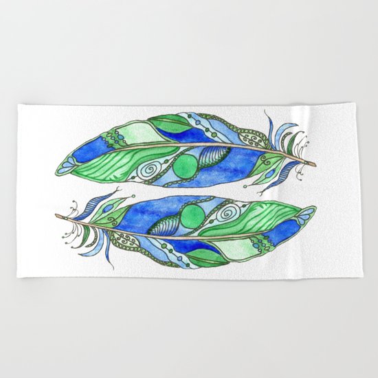 Bohemian Spirit Feathers - Blue & Green Beach Towel