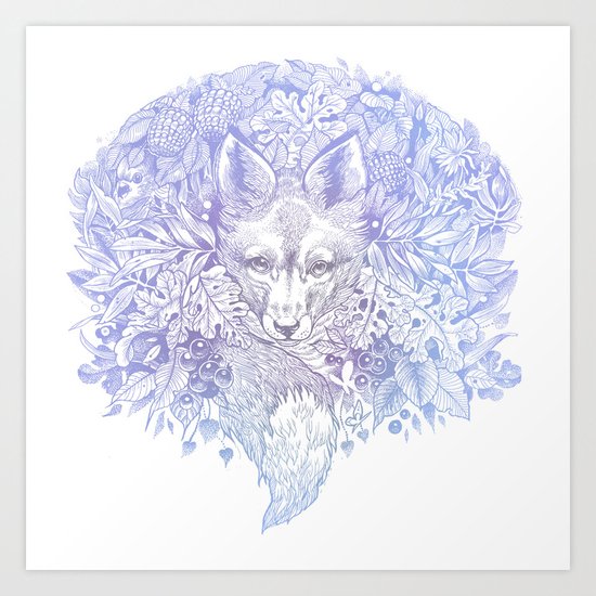 Pastel Purple Hiding Fox Drawing Art Print