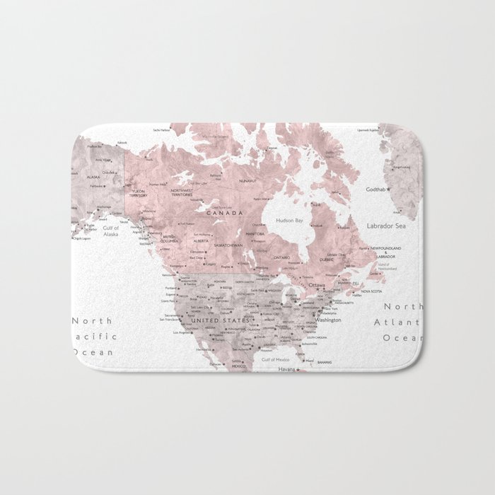 Dusty pink and grey detailed watercolor world map Bath Mat