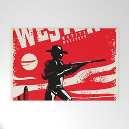 Western movies marathon retro poster design layout. Cinema festival. Vintage film poster with cowboy and wild west landscape.  Welcome Mat