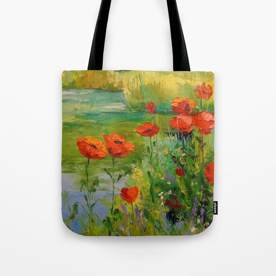 Poppies by the pond Tote Bag