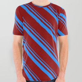 [ Thumbnail: Blue and Dark Red Colored Stripes Pattern All Over Graphic Tee ]