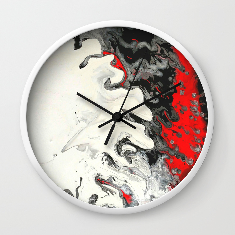 Black Red White Fluid Marble Painting Abstract Art Wall Clock By Colorflowcreations Society6