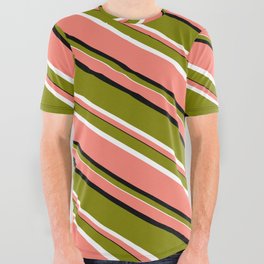 [ Thumbnail: Salmon, Black, Green, and White Colored Lines Pattern All Over Graphic Tee ]