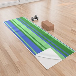 [ Thumbnail: Forest Green, Royal Blue & Light Green Colored Striped Pattern Yoga Towel ]