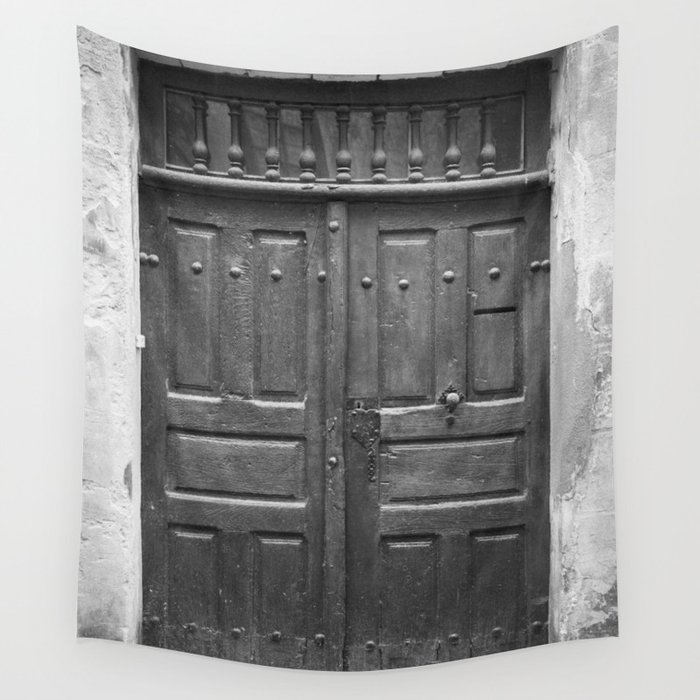 Black and white vintage wood door art print - old frontdoor in France - vintage travel photography Wall Tapestry