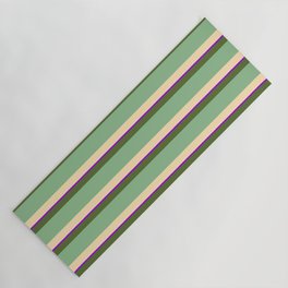 [ Thumbnail: Dark Olive Green, Dark Sea Green, Beige & Dark Violet Colored Lined/Striped Pattern Yoga Mat ]
