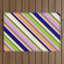 [ Thumbnail: Eyecatching Green, Brown, Beige, Plum & Blue Colored Stripes Pattern Outdoor Rug ]