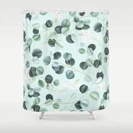 Seamless pattern with eucalyptus leaves and little white flowers Shower Curtain