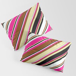 [ Thumbnail: Vibrant Brown, Pale Goldenrod, Black, Mint Cream & Deep Pink Colored Lined/Striped Pattern Pillow Sham ]