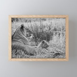 Lioness and cub | Mother and daughter | Lion | Black and White Framed Mini Art Print