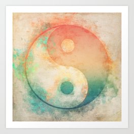 Yin Yang Symbol in peach orange and deep turquoise on beige Art Print