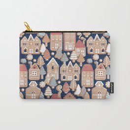 Whimsical Gingerbread Christmas Village // navy blue background white and red houses grey pine trees Carry-All Pouch