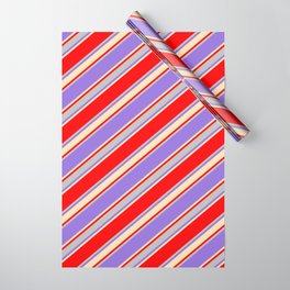 [ Thumbnail: Red, Grey, Purple & Beige Colored Stripes/Lines Pattern Wrapping Paper ]