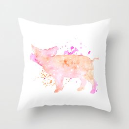 watercolor pig sillhouette pink porker piglet splash painting galaxy Throw Pillow